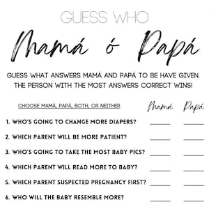 Jogo de chá de bebê - Adivinha quem? Mamãe ou papai?