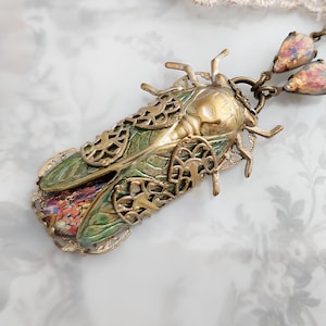 Cicada necklace, Ruby opal insect jewelry Art Deco style, Handcrafted Lalique-style jewelry
