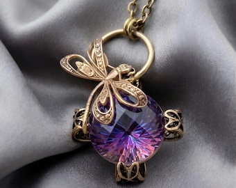 Dragonfly Necklace with Radiant Purple Starburst Crystal, Handmade Art Nouveau Bug Jewelry