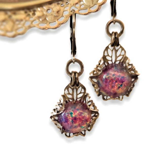 Glass Opal Dangle Earrings - Handcrafted Filigree Fire Opal Earrings - Art Deco Jewelry Lalique style inspiration