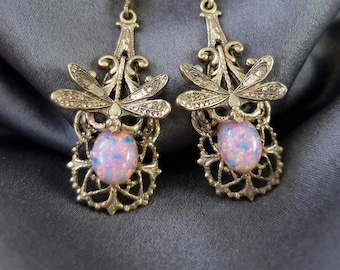 Opal Dragonfly Earrings: Antique Gold Art Nouveau Insect Jewelry