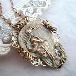Mucha Necklace, Art Nouveau Alphonse Mucha Poetry Lady Vintage Style Jewelry in Brass with Filigree Detailing