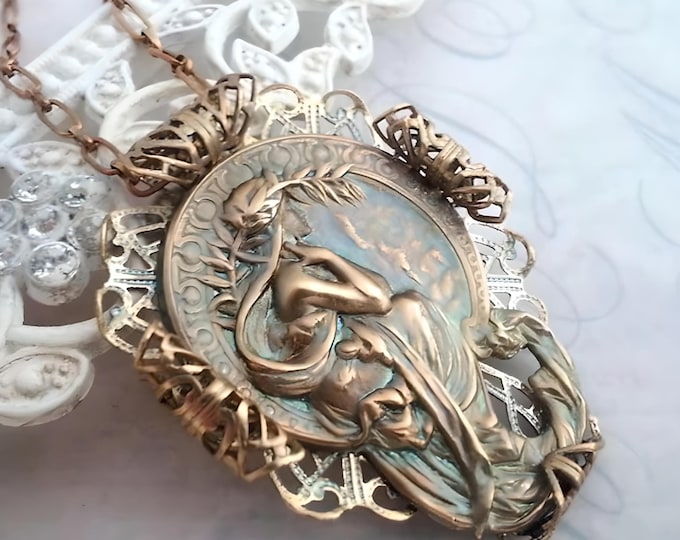 Mucha Necklace, Art Nouveau Alphonse Mucha Poetry Lady Vintage Style Jewelry in Brass with Filigree Detailing