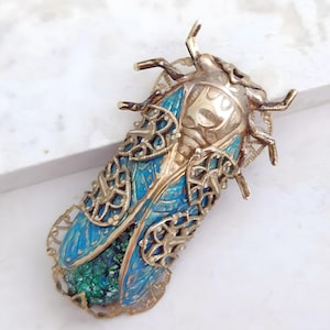Handmade Cicada Brooch: Blue Wings, Emerald Green Opal, Art Deco Insect Pin