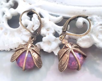 Art Deco Dragonfly Earrings: Fire Opal, Antique Gold Brass Insect Jewelry