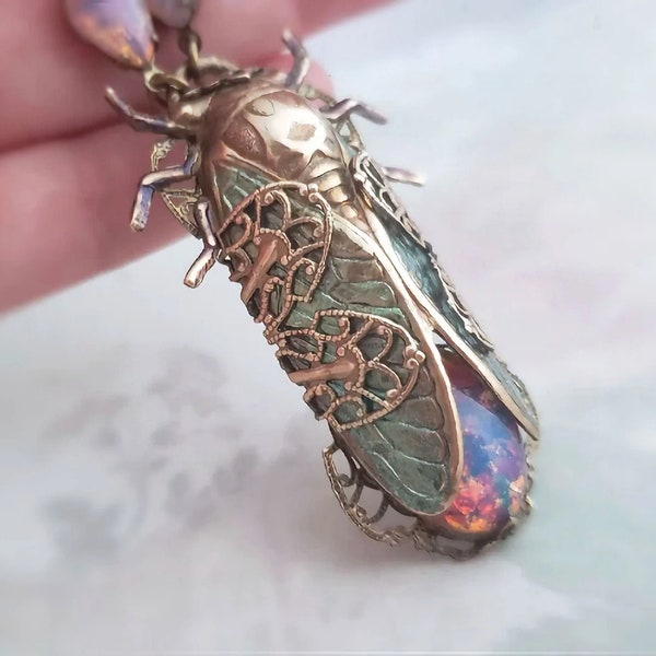 Cicada necklace, fire opal insect jewelry Art Deco style