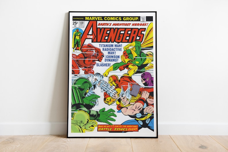 Może przedstawiać: Okładka komiksu z epoki przedstawiająca Avengers&oacute;w, grupę superbohater&oacute;w. Okładka jest czerwona, ż&oacute;łta, zielona i niebieska z tytułem "The Avengers" w dużych, pogrubionych literach. Tekst na okładce brzmi "Earth's Mightiest Heroes!" i "Titanium Man! Radioactive Man! Crimson Dynamo! Slasher!" Okładka zawiera r&oacute;wnież slogan: "We'd say it's one of the greatest battle issues ever!"