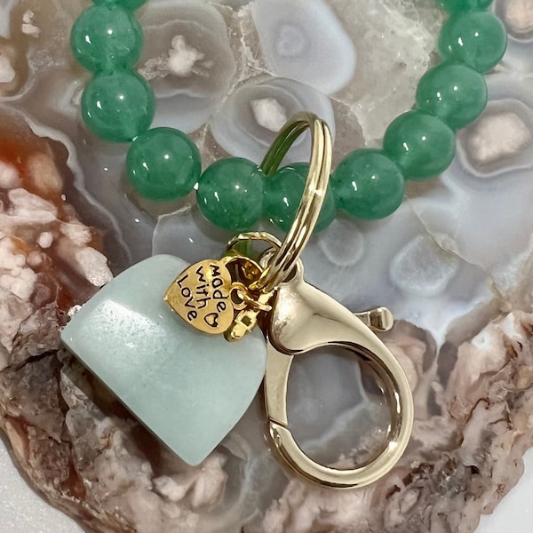NOUVEAUTÉ Bracelet en cristal d'aventurine verte de 10,7 mm Porte-clés avec breloque de sac à main en cristal d'agate vert clair, extensible de 15 cm (6 po.).