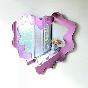 The Pink Wavy Heart Mirror - Colourful Mirror Wall Art, Abstract Mirror, Pink Mirror