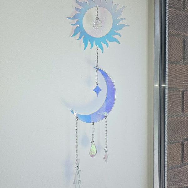 The Iridescent Sun & Moon Lightcatcher - window hanging, wall art, suncatcher, modern stained glass style, Acrylic