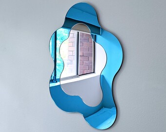 The Blue Wavy Mirror - Colourful Mirror Wall Art, Unique Modern Home Decor, Retro Mirror, Abstract Mirror, Blue Mirror