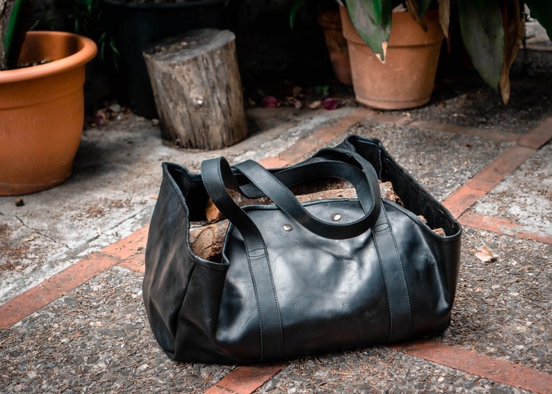Leather Firewood Carrier Bag Full Grain Leather Wood Log Etsy