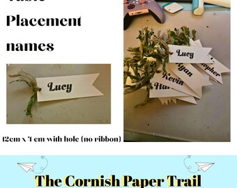 May include: Table placement name cards with the name "Lucy" printed on a white banner. The banner is tied with twine and greenery. The image also shows other name cards with names like "Ryan" and "Christopher". The text "The Cornish Paper Trail" is at the bottom.