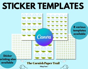 Puede incluir: Imagen de plantillas de pegatinas con fondo azul claro. El texto "STICKER TEMPLATES" está en la parte superior. La imagen incluye varios diseños de pegatinas con un diseño verde y blanco. El texto "Canva" está en el centro y "8 plantillas diferentes disponibles" a la derecha.