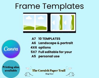 Puede incluir: Plantillas de marcos digitales con diez diseños editables en tamaños A7, A6, 4x6, 5x7 y A5 con opciones de paisaje y retrato. El gráfico incluye un logotipo de Canva, texto que detalla las plantillas y la marca The Cornish Paper Trail.