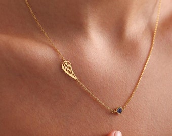 Angel Wing Birthstone Necklace: 14k Gold Memorial Gift