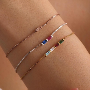 14k Gold Birthstone Bracelet, Baguette Birthstone Bracelet, Graduation Gift, Birthday Gift,Grandma Gift,Gift for Mom, Christmas Gift for Her