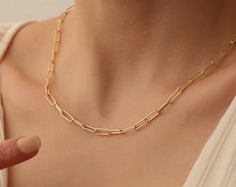14K Gold Paperclip Chain Necklace: Dainty Sterling Silver Link