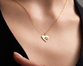 Engraved Paw Print Necklace, Heart Shaped Paw Necklace, Pet Memorial Jewelry, Minimalist Paw Necklace, Gift For Dog Mom