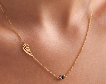 Collar con piedra de nacimiento de ala de ángel: regalo conmemorativo de plata esterlina