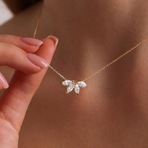Marquise CZ Diamond Flower Necklace: Sterling Silver Petal Design