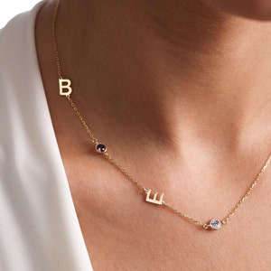 Gold Initial Necklace,Sideways Initial Birthstone Necklace,Custom Letter Necklace,Birthday Gift,Gift For Her,Christmas Gift,Mothers Gifts