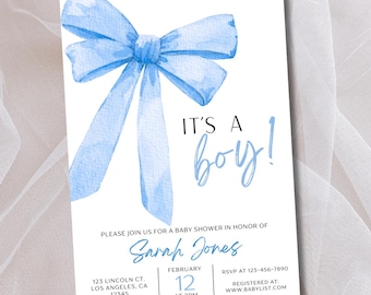 May include: A baby shower invitation with a watercolor blue bow and the text "It's a boy!"  Please join us for a baby shower in honor of Sarah Jones. February 12 at 2pm. 123 Lincoln Ct. Los Angeles, CA 12345. RSVP at 123-456-7890. Registered at www.babylist.com