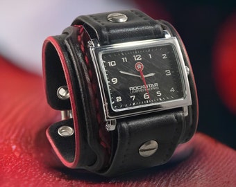 Black & Red Layered Wide Leather Cuff Watch with Stainless Steel Eyelets