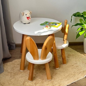 New White Table and Chairs Set, Chairs for Children, Best Gift for Toddler, Round Kids Table, Wooden Bunny Chair, Guiraffe Wooden Chair