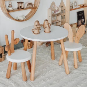 White Round Table and Chairs Set, Best Gift for Toddler, Round Kids Table, Wooden Bunny Chairs, Chairs for Children, Giraffe Wooden Chairs