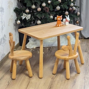Preschool Kids Big Desk and Chairs Set in Natural Wood Color, Rectangular Kids Table, Wooden Bunny Chair, New Christmas Gift for Toddlers