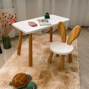 Preschool Kids Desk and Chairs Set in Natural Wood Color, Rectangular Kids Table, Wooden Bunny Chair, New Chairs for Children, Animal Chairs