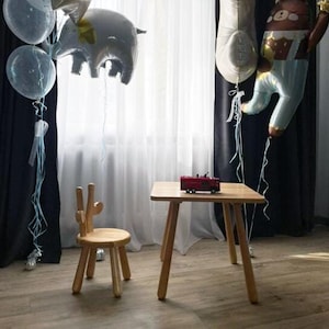 Wooden Montessori Square Table and Chairs Set in Natural Wood Color, Best Gifts for Children, Wooden Bunny Chair, New Chairs for Children