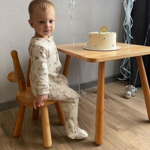 Kids Square Table and Chairs Set in Natural Wood Color, Best Gifts for Children, Wooden Bunny Chair, New Chairs for Children, Animal Chairs
