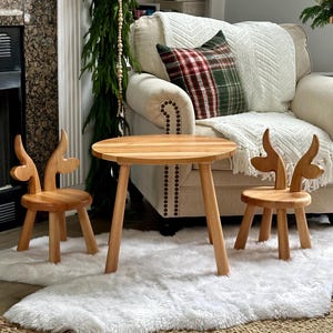 Natural Round Table and Chairs Set, Wooden Cow Chairs, Best Gift for Toddler, Round Kids Montessori Table, Chairs for Children&#39;s Birthdays