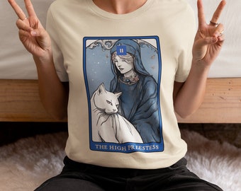The High Priestess Tarot Card T Shirt, Cat Art, Cats Drawing, Aesthetic Graphic Vintage Tee, Cool, Gothic, Mystical, Spiritual Animal