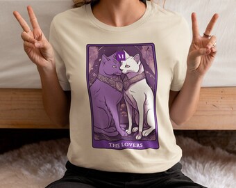 The Lovers Tarot Card T Shirt, Cat Art, Cats Drawing, Aesthetic Graphic Vintage Tee, Cool, Gothic, Mystical, Spiritual Animal T Shirt