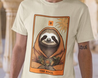 The Fool Tarot Card T Shirt, Sloth Art, Sloth Drawing, Aesthetic Graphic Vintage Tee, Cool, Gothic, Mystical, Sloth Spiritual Animal