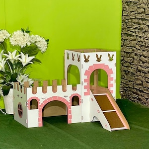 Two-Story Bunny Castle: White MDF Rabbit House with Terrace