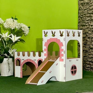 Two-Story Bunny Castle: White & Pink Palace with Ramp