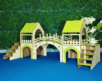 Guinea Pig Castle with Bridge – Maple Green Small Animal House, Wooden Guinea Pig Hideout, Multi-Level Guinea Pig Palace