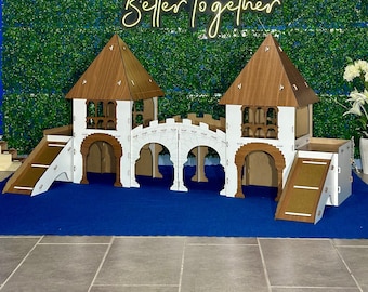 Kingsize Rabbit Castle with Bridge: White & Walnut Bunny Villa