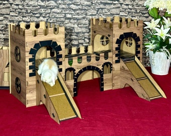 Bunny Castle with Twin Closed Towers, Oak Black Rabbit Palace with Two-Story and Three Luxurious Rooms, Furry Animal House, Bunnies Houses