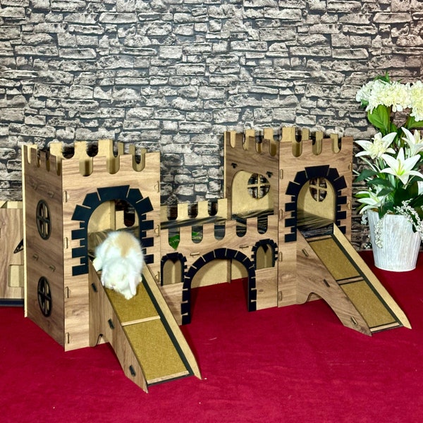 Bunny Castle with Twin Closed Towers, Oak Black Rabbit Palace with Two-Story and Three Luxurious Rooms, Furry Animal House, Bunnies Houses