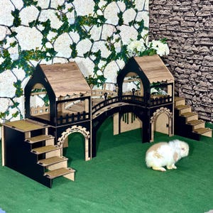 Konijnenkasteel met boogbrug en twee torens, exclusief design konijnenhuis met brug en twee torens, eiken zwart groot konijnenhuis