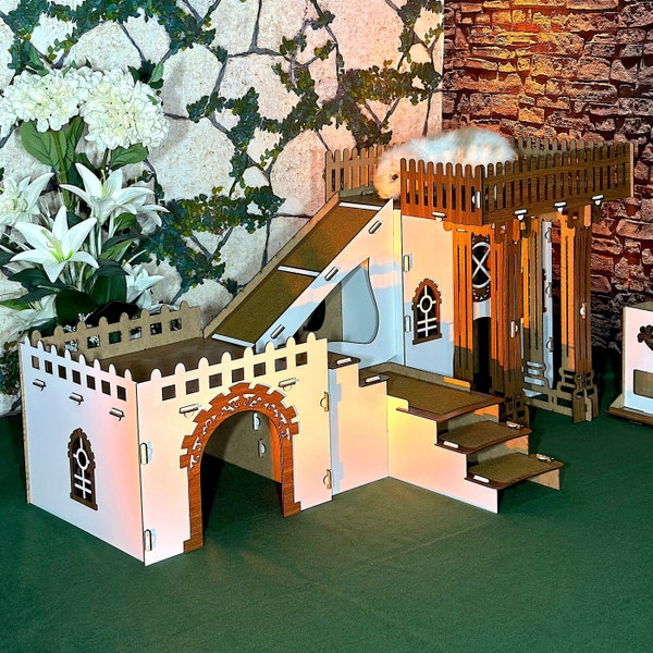 Bunny Villa with Two Rooms and Four Living Spaces, Four Compartment Multifunctional Rabbit Castle, White Walnut Doublex Bunny House