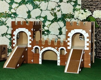 Bunny Castle with Twin Closed Towers, Walnut White Rabbit Palace with Two-Story and Three Luxurious Rooms, Furry Animal House, Bunny House