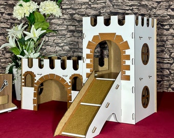 Guinea Pig Castle – Two Story Wooden Chinchilla House with Ramp, Multi-Level Small Animal Habitat, Compact Guinea Pig Hideout