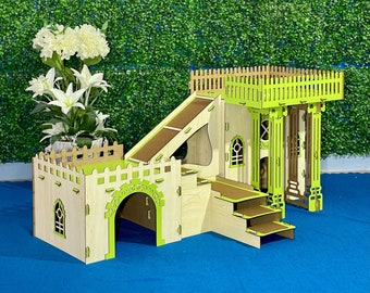 Bunny Villa with Two Rooms and Four Living Spaces, Four Compartment Multifunctional Rabbit Castle, Maple Green Doublex Bunny House