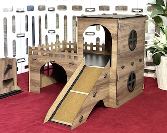 Large Bunny Castle with a Tower,Oak Black Rabbit Palace with Two-Story and Three Luxurious Area..